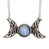 Celtic triple moon necklace – a small pewter triple moon necklace with central rainbow moonstone and Celtic knot detail. Comes on an 18″ tin plated curb chain.