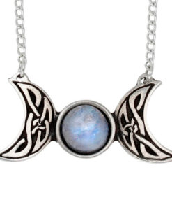 Celtic triple moon necklace – a small pewter triple moon necklace with central rainbow moonstone and Celtic knot detail. Comes on an 18″ tin plated curb chain.