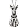 Celtic Hare pendant – pewter pendant in the shape of a sitting hare with a Celtic trefoil on its chest and Celtic knotwork ears. Comes on an 18″ tin plated trace chain.