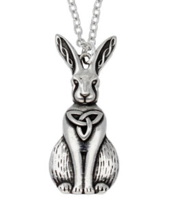 Celtic Hare pendant – pewter pendant in the shape of a sitting hare with a Celtic trefoil on its chest and Celtic knotwork ears. Comes on an 18″ tin plated trace chain.