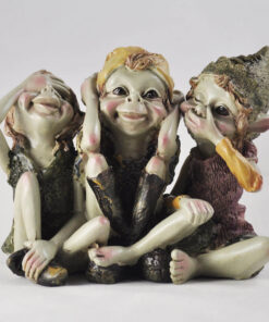 Three pesky Cornish Piskies sitting together reminiscent of the "see no evil, hear no evil, speak no evil" motif.