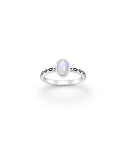 Cornish-925 Sterling Silver Oval Ring, Featuring Oxidized Rhombus Symbol around the Shank, Decorated with Rainbow Moonstone
