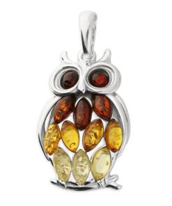 925 Sterling silver owl pendant embellished with vibrant multi coloured amber gemstones.