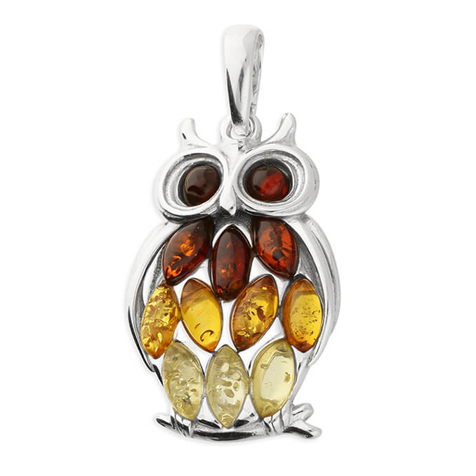 925 Sterling silver owl pendant embellished with vibrant multi coloured amber gemstones.