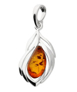 Pendant with a polished 925 sterling silver frame that elegantly wraps around a teardrop-shaped cognac amber gemstone.