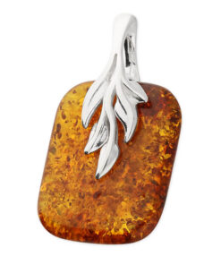 925 sterling silver pendant features a striking rectangular cognac amber gemstone that showcases warm, rich hues of orange and gold. The polished silver bail is adorned with delicate leaf motifs