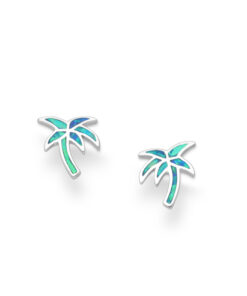 Coconut Tree Earrings, crafted from exquisite 925 sterling silver and adorned with captivating lab-grown opals. With a sleek rhodium plating, these push-back earrings offer a perfect blend of elegance and sustainability.