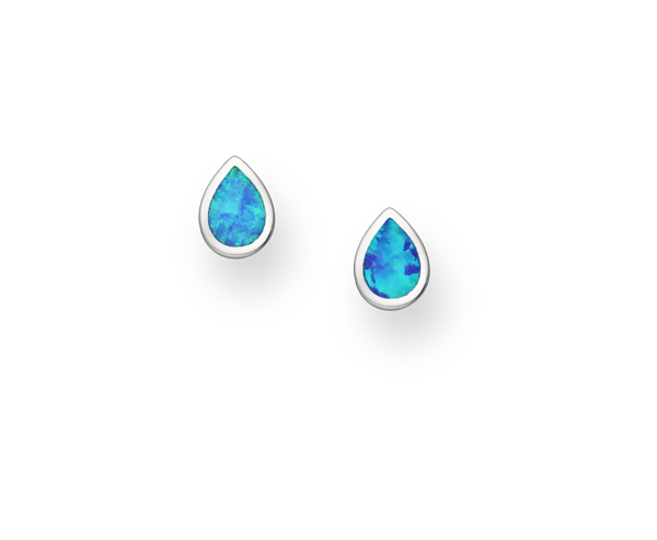 925 sterling silver pear drop shaped earrings, adorned with stunning blue lab-created opals. Crafted to perfection, these push-back beauties ensure both comfort and secure wear. The opals' iridescence is beautifully complemented by rhodium plating,