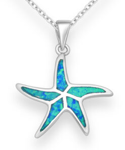 Starfish pendant, crafted from lustrous 925 sterling silver and plated with rhodium for a brilliant finish. This captivating piece features a mesmerizing lab-created opal, expertly inlaid to showcase a spectrum of colors reminiscent of the ocean.