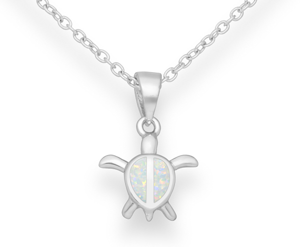Turtle Pendant, crafted from 925 sterling silver and inlaid with mesmerizing lab-grown opal. This exquisite piece captures the beauty and allure of ocean life, offering a radiant splash of color to any outfit. Finished with premium rhodium plating, its shimmer and durability are unparalleled.