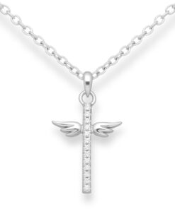 925 Sterling Silver Cross and Wings Pendant. Adorned with dazzling CZ simulated diamonds, this piece captures elegance and spiritual grace. Expertly crafted with a rhodium plating, it boasts a luxurious shine and enduring quality.