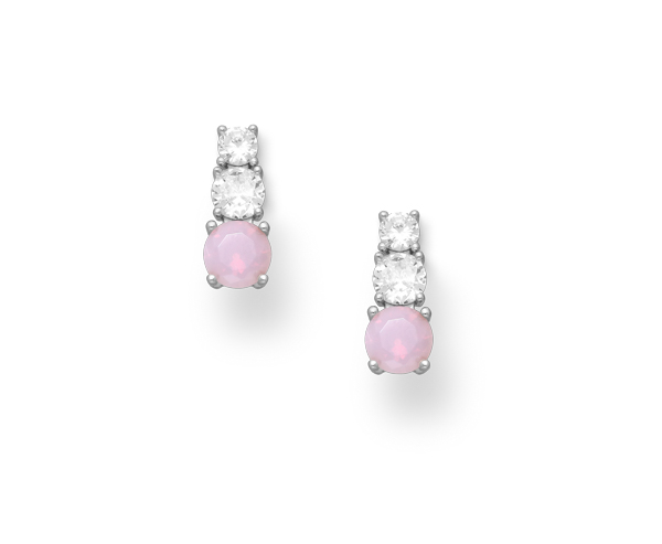 925 Sterling Silver Push-Back Earrings adorned with exquisite Pink and Clear CZ Simulated Diamonds. These sophisticated earrings feature a classic prong setting, offering timeless elegance and a brilliant shine. The rhodium plating enhances durability, making them perfect for any occasion.