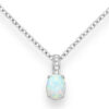 Opal pendant, flawlessly set in 925 sterling silver and enhanced with rhodium plating for lasting shine. This stunning piece is adorned with dazzling CZ simulated diamonds, perfectly showcasing the fiery brilliance of lab-created opals. Expertly crafted with pave and prong settings, this pendant offers a modern twist on timeless beauty.