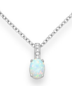 Opal pendant, flawlessly set in 925 sterling silver and enhanced with rhodium plating for lasting shine. This stunning piece is adorned with dazzling CZ simulated diamonds, perfectly showcasing the fiery brilliance of lab-created opals. Expertly crafted with pave and prong settings, this pendant offers a modern twist on timeless beauty.