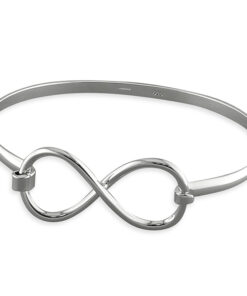 925 sterling silver bangle bracelet featuring a polished infinity symbol design at the center.