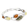 925 sterling silver bracelet features a stylish design with multiple amber stones set into a silver framework. The amber pieces vary in color, including shades of green, yellow, and orange