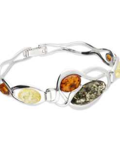 925 sterling silver bracelet features a stylish design with multiple amber stones set into a silver framework. The amber pieces vary in color, including shades of green, yellow, and orange
