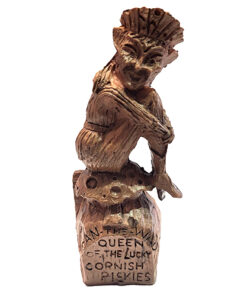 Scaled replica figurine of Joan the Wad, Queen of the Lucky Cornish Piskies, based on the original wood carvings.