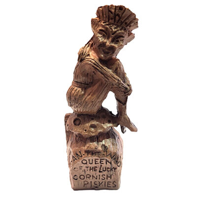 Scaled replica figurine of Joan the Wad, Queen of the Lucky Cornish Piskies, based on the original wood carvings.