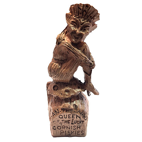 Scaled replica figurine of Joan the Wad, Queen of the Lucky Cornish Piskies, based on the original wood carvings.