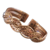 Magnetic copper therapy bracelet in an open cuff style, featuring an intricate braided leaf-pattern design with polished copper and brass tones, complemented by rope-edged borders and magnets at each end for potential arthritis relief, improved circulation, and overall wellness benefits.