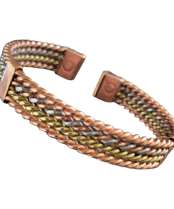 Magnetic copper therapy bracelet in an open cuff design, featuring twisted strands of copper, brass, and nickel woven together in a multitone pattern, with magnets embedded at each end for potential pain relief and improved circulation benefits.