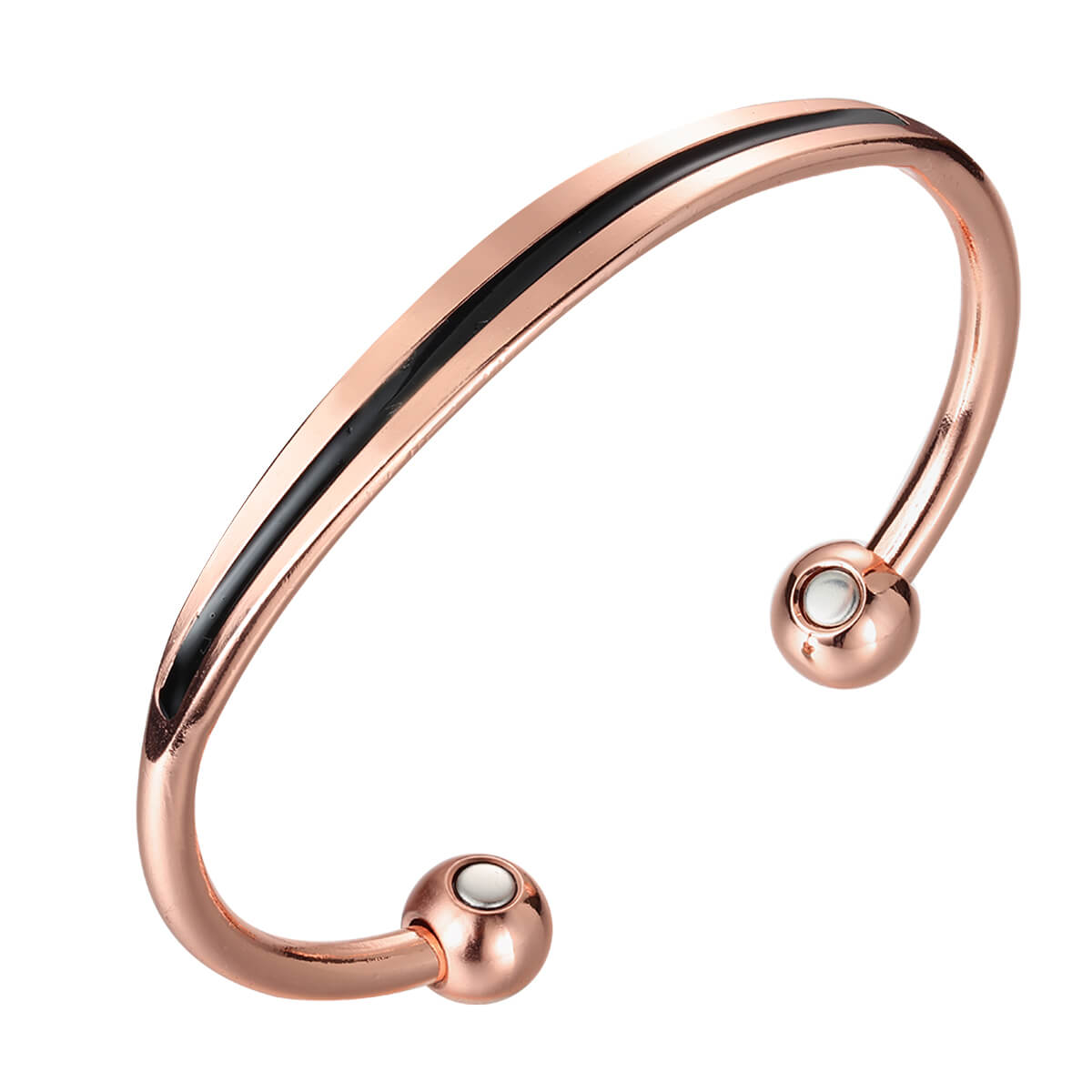 A polished copper open cuff bangle with a sleek black enamel stripe running along its outer curve. The design is finished with smooth rounded ball ends, each inset with a circular magnet, combining modern elegance with potential magnetic therapy benefits.