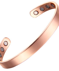 A wide narrow open cuff bangle with a highly polished, reflective finish for a sleek and elegant look. The interior is fitted with multiple round inset magnets—four on each end—combining a smooth, modern design with potential magnetic therapy benefits.