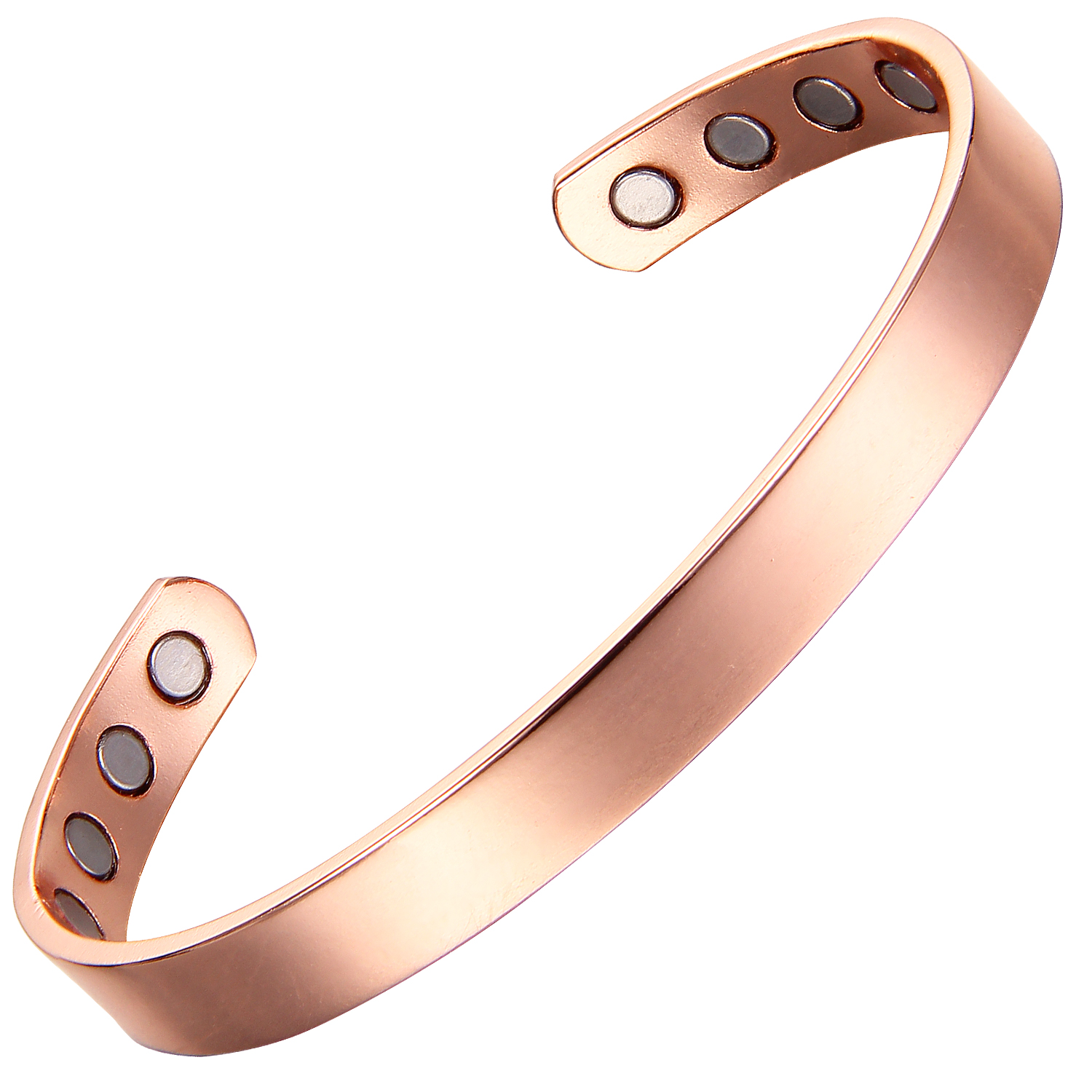 A wide narrow open cuff bangle with a highly polished, reflective finish for a sleek and elegant look. The interior is fitted with multiple round inset magnets—four on each end—combining a smooth, modern design with potential magnetic therapy benefits.