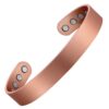 A wide copper open cuff bangle with a smooth, brushed matte finish for a sleek and minimalist appearance. The interior features multiple round inset magnets near each end, combining simple modern design with potential magnetic therapy benefits.