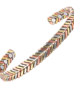 A copper open cuff bangle with a herringbone pattern formed from alternating segments of rose gold-toned copper, golden brass, and silvery nickel. The intricate tri-metal design continues along the entire band, while the smooth interior is fitted with multiple round inset magnets near each end, combining decorative detail with potential magnetic therapy benefits.
