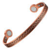 A slim copper open cuff bangle featuring an engraved infinity-loop pattern along its outer surface. The ends are rounded discs inset with large magnets, while additional smaller magnets are positioned on the inner surface near each end, combining delicate detailing with potential magnetic therapy benefits.