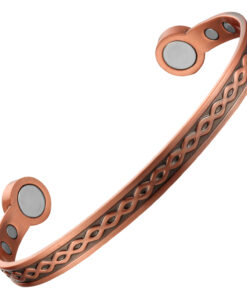 A slim copper open cuff bangle featuring an engraved infinity-loop pattern along its outer surface. The ends are rounded discs inset with large magnets, while additional smaller magnets are positioned on the inner surface near each end, combining delicate detailing with potential magnetic therapy benefits.