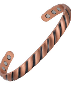 A copper open cuff bangle with a twisted rope design featuring darkened grooves for contrast and depth. The interior is smooth and fitted with multiple round inset magnets near each end, combining classic rope-style detailing with potential magnetic therapy benefits.