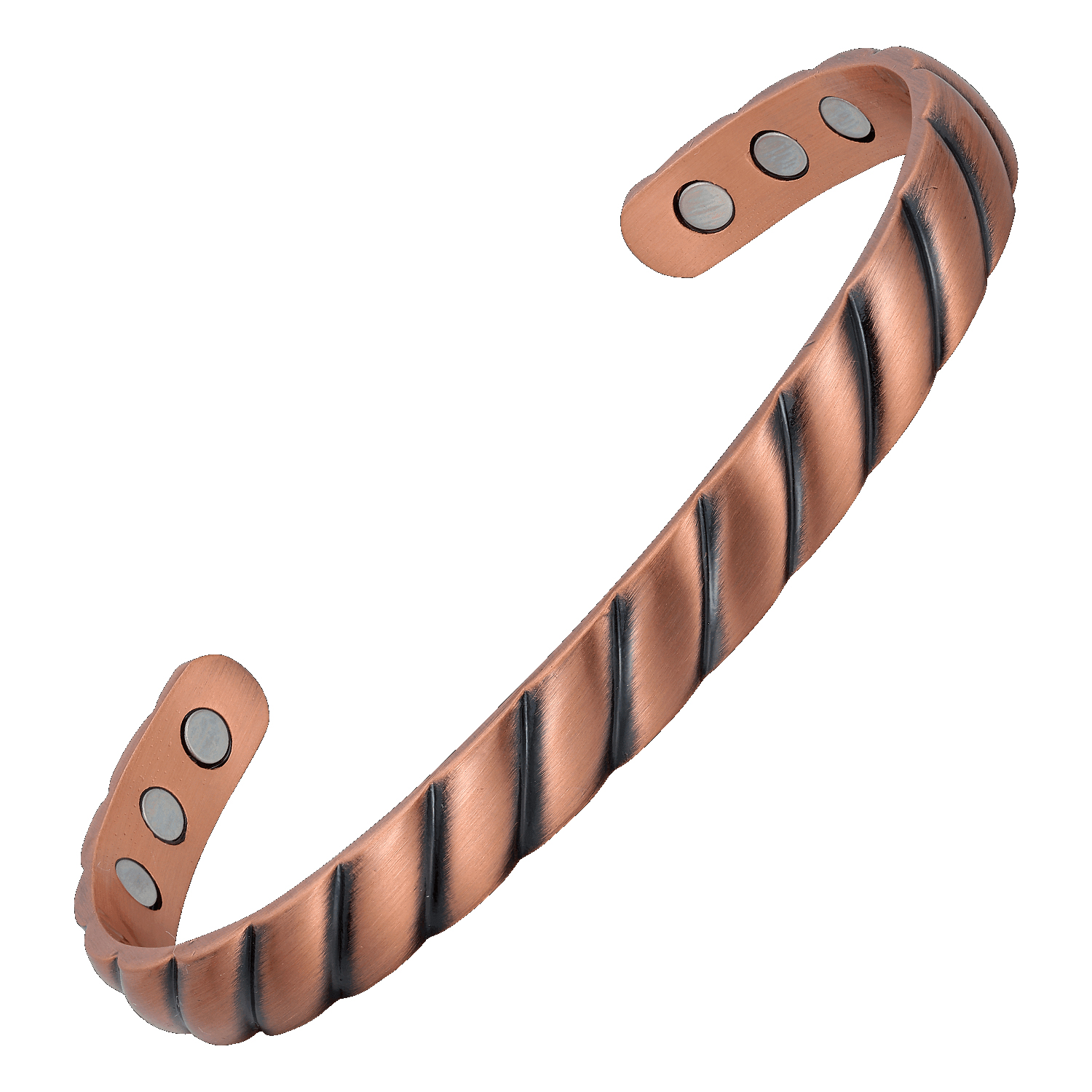 A copper open cuff bangle with a twisted rope design featuring darkened grooves for contrast and depth. The interior is smooth and fitted with multiple round inset magnets near each end, combining classic rope-style detailing with potential magnetic therapy benefits.