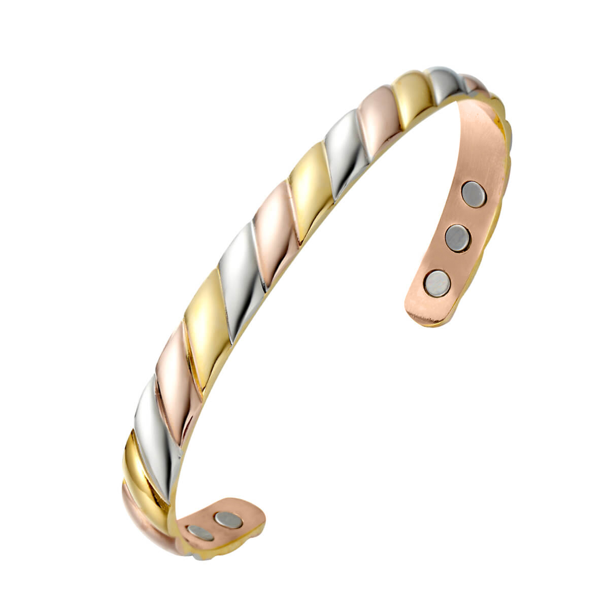 A copper open cuff bangle featuring a twisted rope-style design with alternating segments of rose gold-toned copper, golden brass, and silvery nickel. The interior is smooth and fitted with multiple round inset magnets near each end, combining a colourful tri-metal look with potential magnetic therapy benefits.