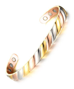 A copper open cuff bangle with a bold, twisted rope design featuring alternating segments of polished rose-gold copper, golden brass, and silvery nickel. The interior is smooth and fitted with multiple round inset magnets near each end, combining a striking tri-metal look with potential magnetic therapy benefits.