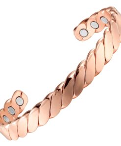 A copper open cuff bangle with a polished, twisted rope-link design that creates a bold, reflective surface. The interior is smooth and fitted with multiple round inset magnets near each end, combining an eye-catching braided style with potential magnetic therapy benefits.