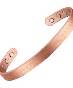 A copper open cuff bangle featuring a finely brushed linear texture running along its surface for a subtle, elegant finish. The inside is smooth and fitted with multiple round inset magnets near each end, blending understated style with potential magnetic therapy benefits.