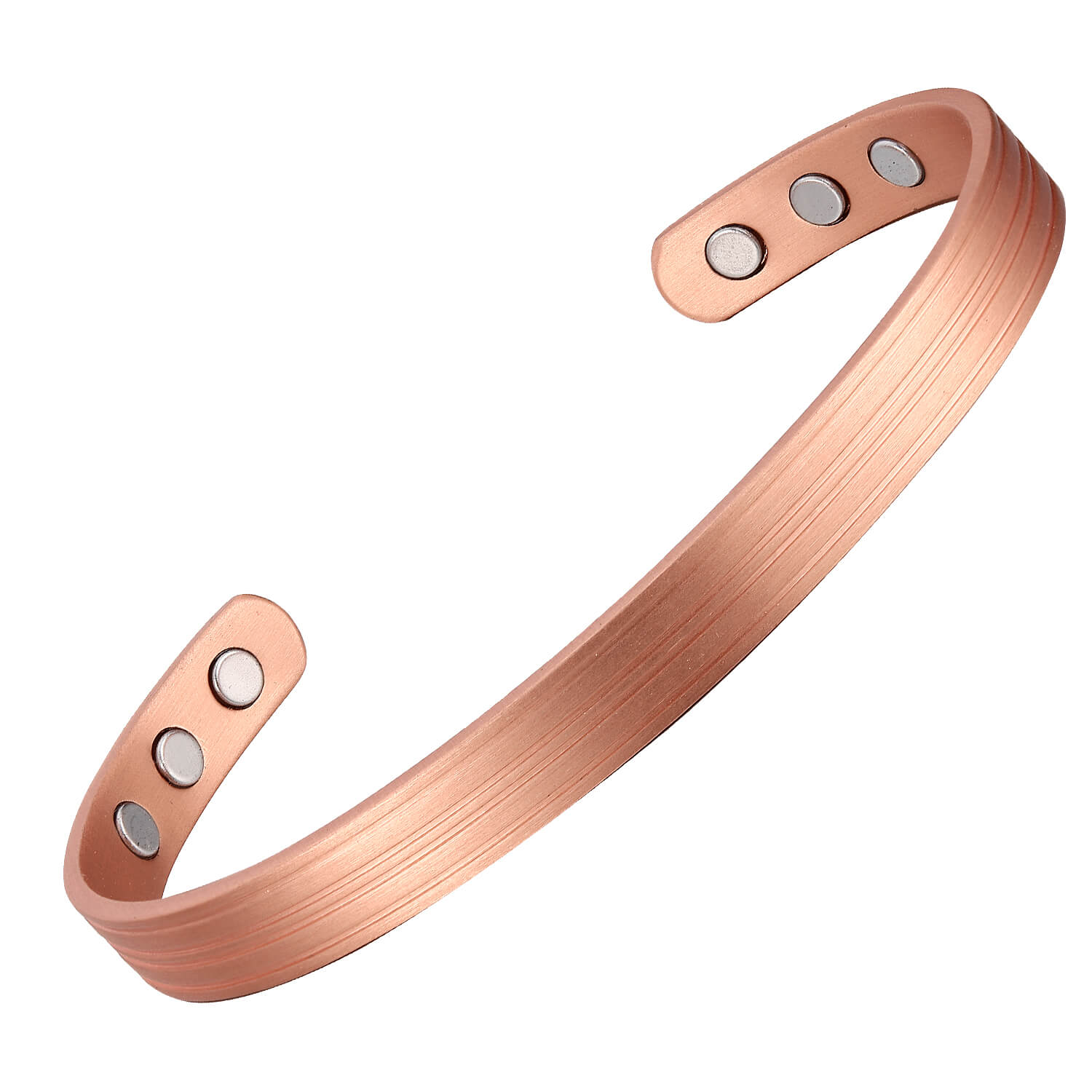 A copper open cuff bangle featuring a finely brushed linear texture running along its surface for a subtle, elegant finish. The inside is smooth and fitted with multiple round inset magnets near each end, blending understated style with potential magnetic therapy benefits.