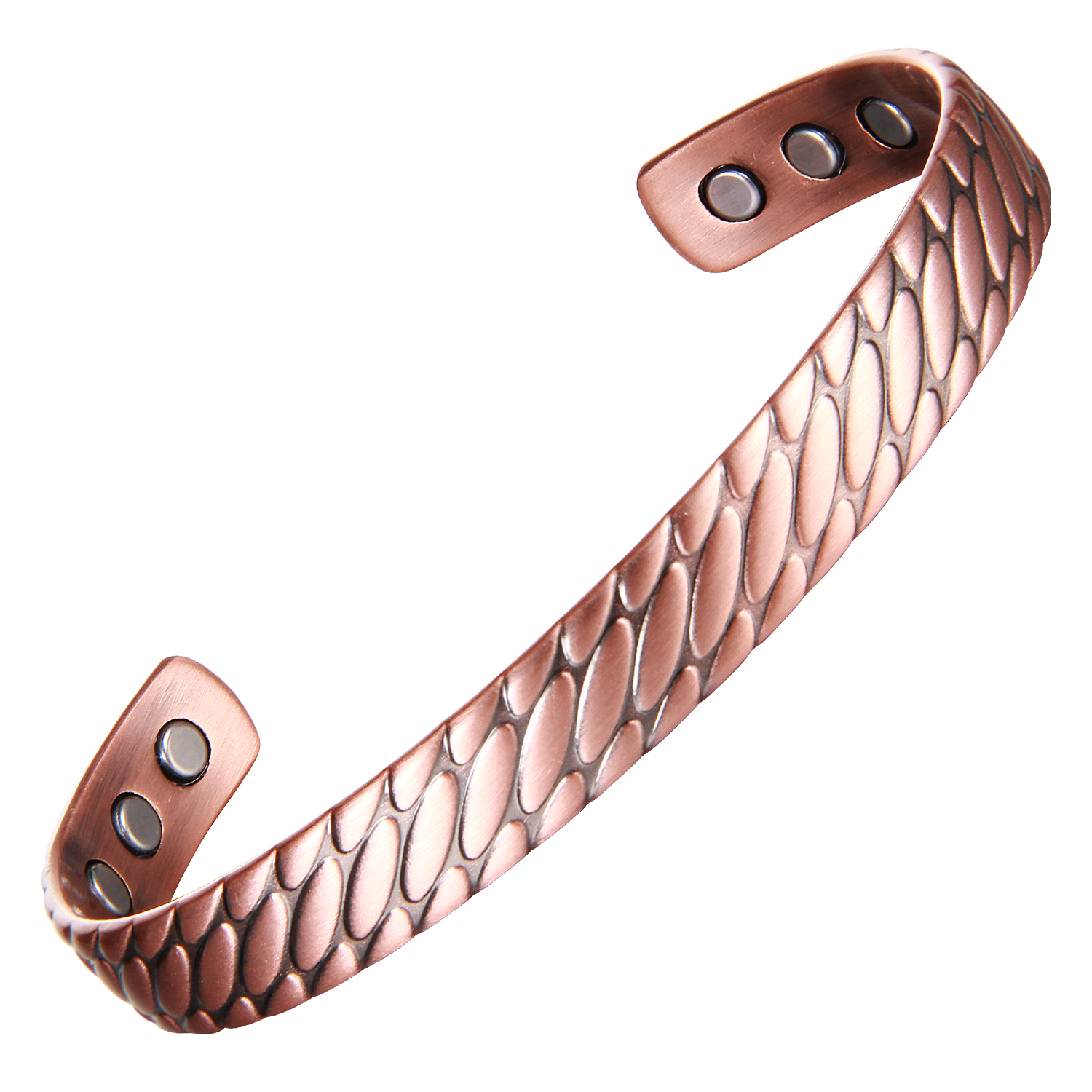 A copper open cuff bangle with a distinctive fish-scale or diamond-patterned texture along its exterior surface. The inside is smooth and fitted with multiple round inset magnets near each end, combining unique textured design with potential magnetic therapy benefits.
