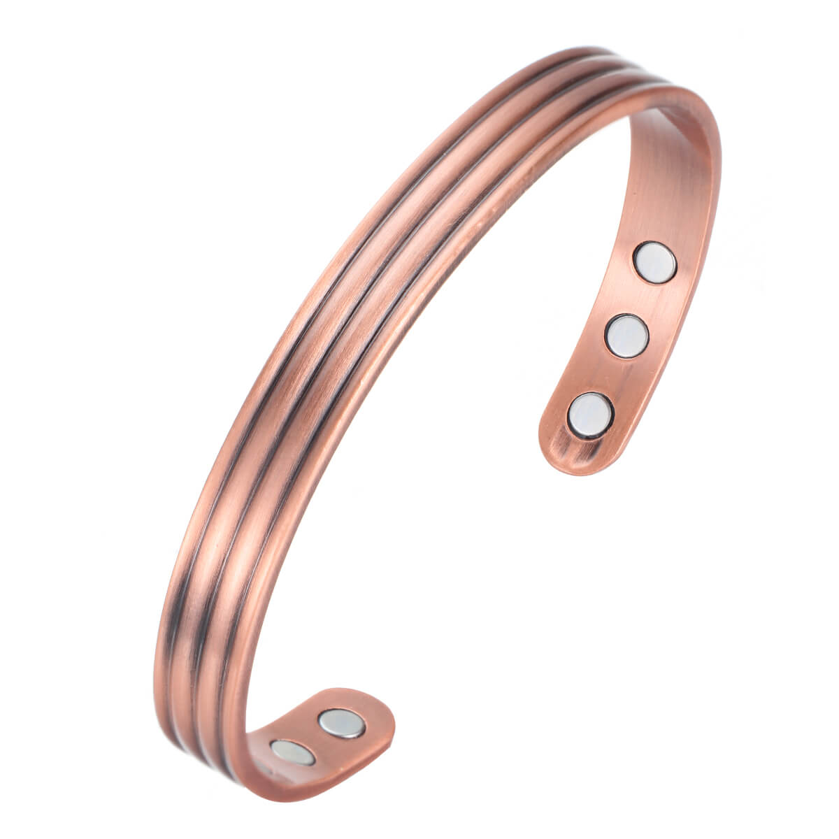 A copper open cuff bangle featuring a triple-groove design along its length, giving it a sleek and textured appearance. The inside surface is smooth and fitted with multiple round inset magnets near each end, combining stylish detailing with potential magnetic therapy benefits.