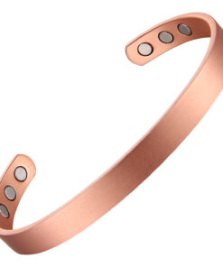 A sleek and minimalist copper open cuff bangle with a smooth, polished matte finish. The inside surface features multiple round inset magnets near each end, offering a simple yet elegant design combined with potential magnetic therapy benefits.