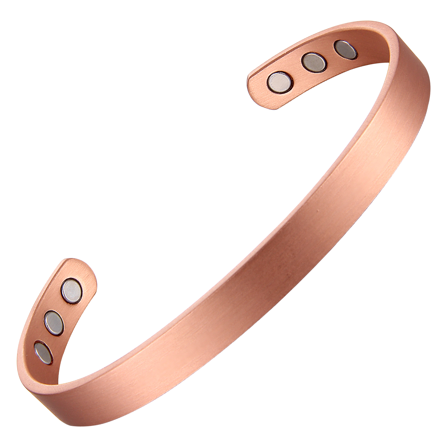 A sleek and minimalist copper open cuff bangle with a smooth, polished matte finish. The inside surface features multiple round inset magnets near each end, offering a simple yet elegant design combined with potential magnetic therapy benefits.