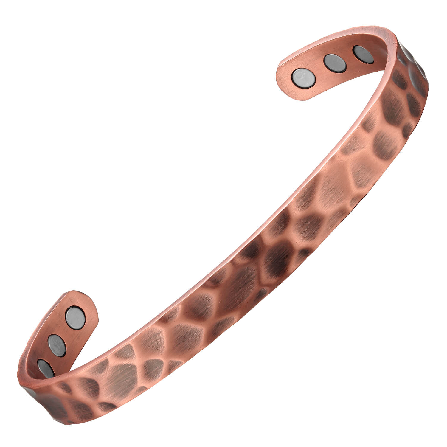 A slim copper open cuff bangle with a hammered texture, creating an uneven dimpled surface for a rustic yet stylish appearance. The inner side is smooth and fitted with multiple round inset magnets near each end, combining artisanal design with potential magnetic therapy benefits.