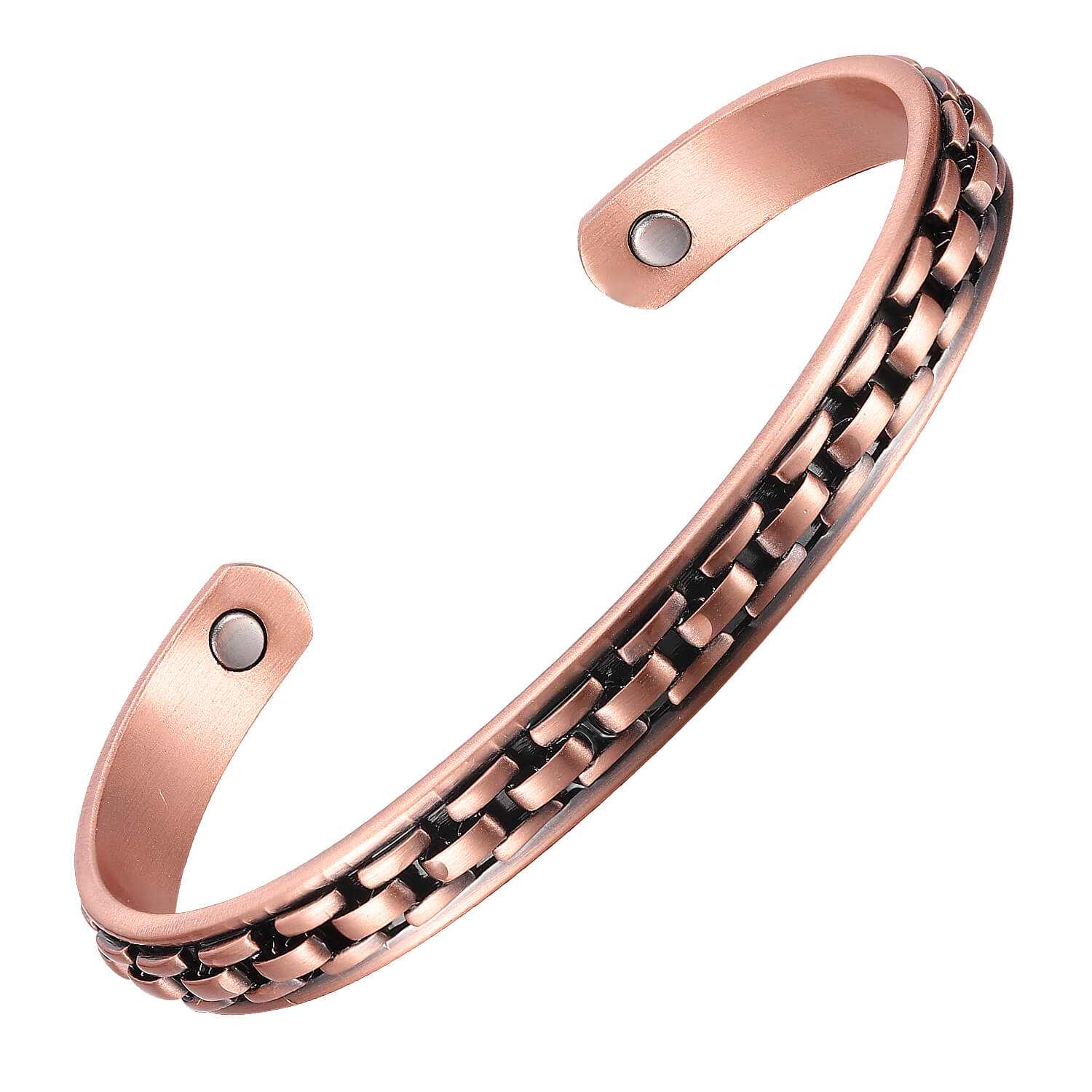 A copper open cuff bangle featuring a central black-accented chain-link pattern running along its length. The interior is smooth and includes a single round inset magnet near each end, combining bold industrial-inspired design with potential magnetic therapy benefits.