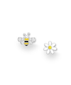 925 Sterling Silver Bee and Flower Push-Back Earrings, Decorated with Colored Enamel and CZ Simulated Diamonds