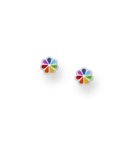 925 Sterling Silver Flower Push-Back Earrings, Decorated with Colored Enamel