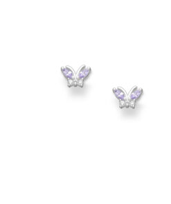 925 Sterling Silver Butterfly Push-Back Earrings, Decorated with Lavender CZ (