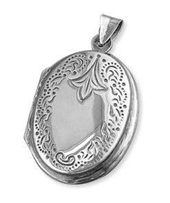 925 sterling silver engraved oval locket pendant with ornate border and polished centre